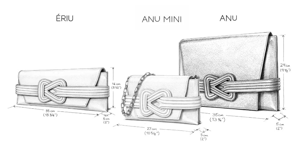Sketch of three handbags of different models (Ériu, Anu Mini, Anu) with their dimensions indicated in centimeters and inches.