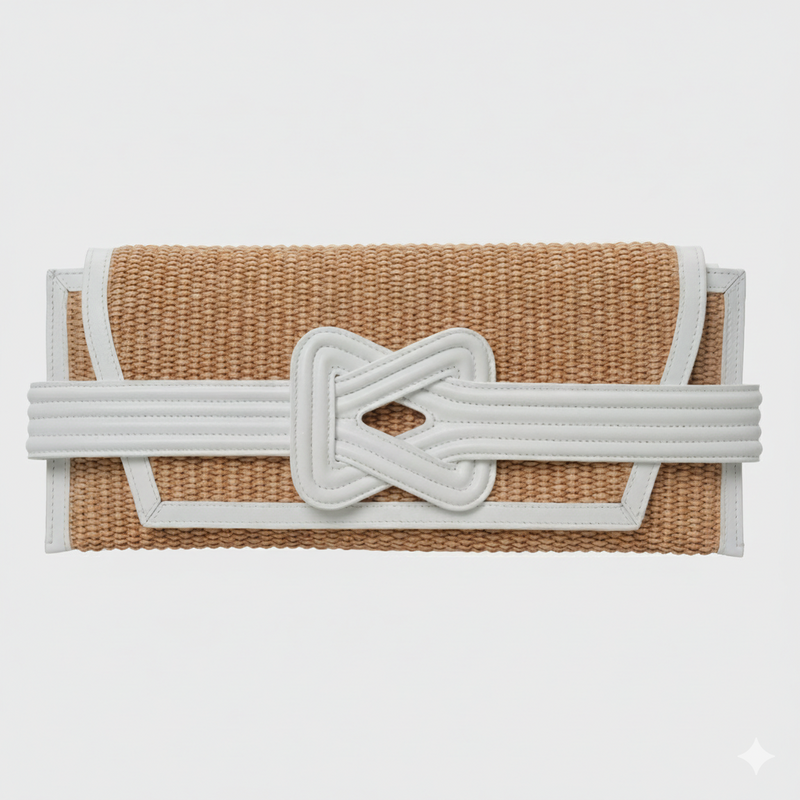ÉRIU EAST WEST CLUTCH Beige Raffia White Leather
